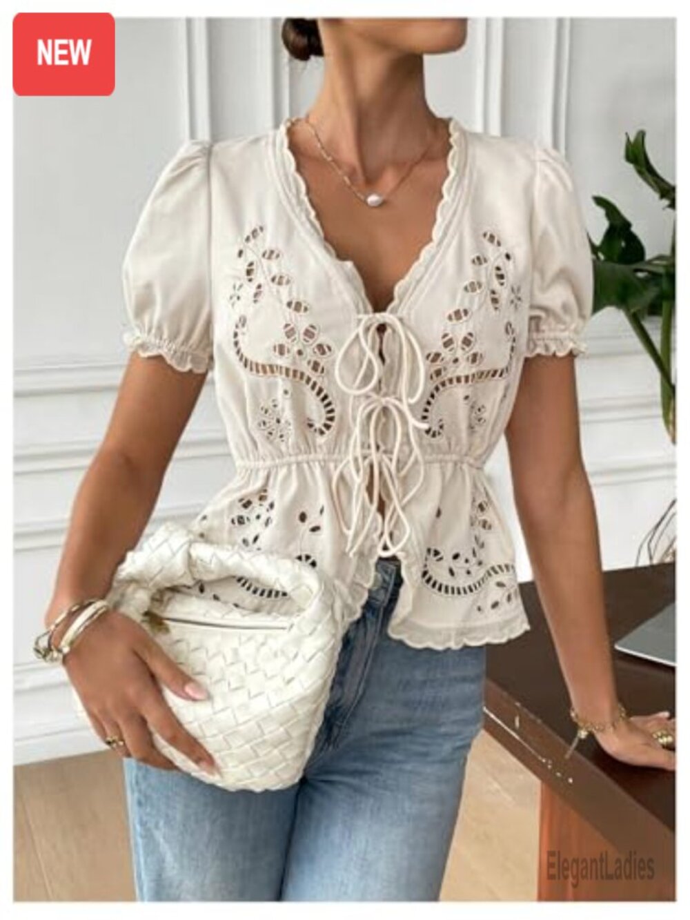 Boho Eyelet Embroidery Blouse Puff Sleeve V Neck - Picture 2 of 5
